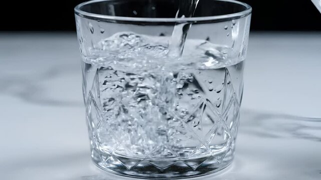 Clear water being poured into a textured glass creating bubbles.