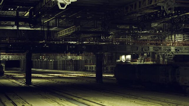 Lowangle view of yard understructure with heavy shadows, tracklines and machinery silhouettes, cinematic tension and industrial loneliness at dusk