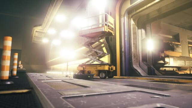 Industrial loading bay night illuminated by floodlights, scissor lift parked on metal platform, reflective floor, safety cones, open bay doors, warm amber glow,