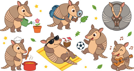 Fototapeta premium Cute Armadillo Cartoon Character Set Featuring Gardening, Exploring with Magnifying Glass, Curled in Ball, Cooking, Sunbathing on Beach Mat, Playing Soccer, and Guitar Vector Illustration