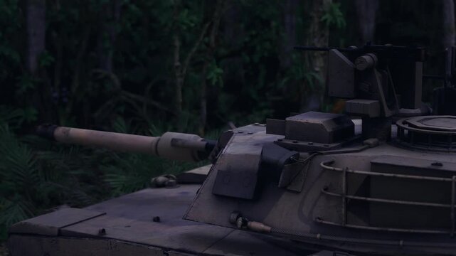 Hatch and sensor suite on turret, optics and periscopes catching muted light, weld seams and rivets detailed, moss and branches framing silhouette, observation