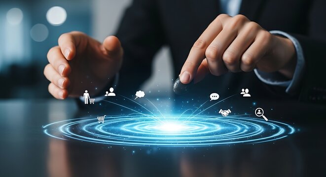 Campaign impact concept. A marketer's hands drop a 'stone' into a holographic 'lake', creating ripples that hit different target icons (customers), representing campaign impact.