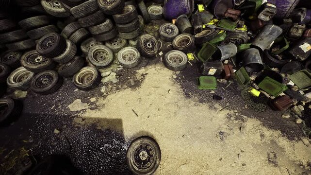 Piled used tires on sandy ground showing neglect and debris, overgrown vegetation at edge, dim light creating moody urban decay, suitable for recycling