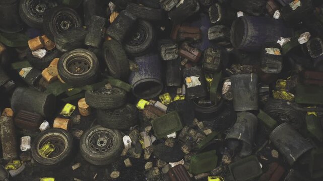 Piled tires and scattered debris under dim light, moss and plastic tags visible, gritty texture, industrial scrapyard atmosphere, stagnant air, urgent call