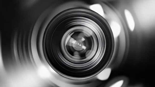 Extreme close up view of a high quality camera lens with beautiful circular glass reflections capturing light while demonstrating advanced optical engineering and professional precision technology