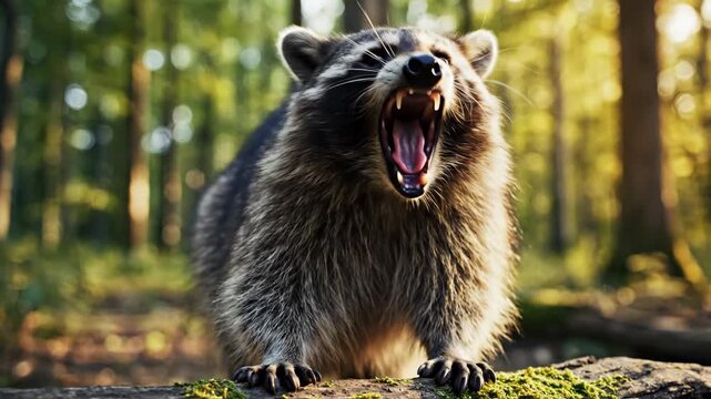 Raccoon yawning while standing on a mossy log in a forest. Wild animal showing teeth in mouth during morning light. Nature wildlife behavior and forest creature.