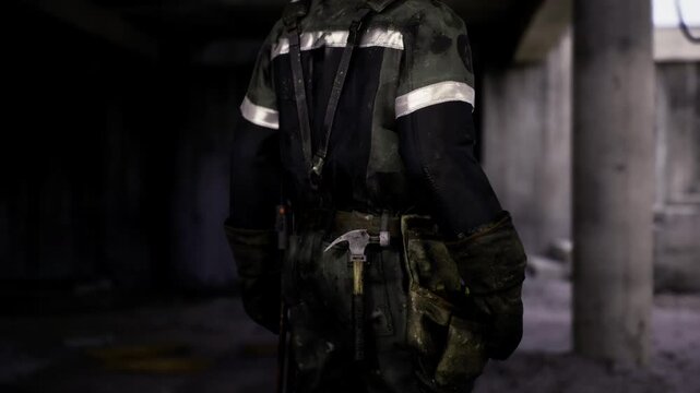 Tactical operator preparing for breach, heavy vest and holster visible, reflective armband catching light, concrete columns framing scene, calculated posture,