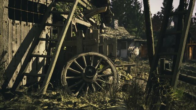 In a secluded spot, a weathered wagon wheel rests against a rustic wooden shed. Overgrown plants and decaying wooden ladders evoke a sense of timelessness and forgotten stories.