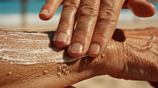 Man applying sunscreen on arm at beach. Caretaker rubbing white lotion onto tanned skin. Summer skincare protection routine against uv rays in sunny seaside.