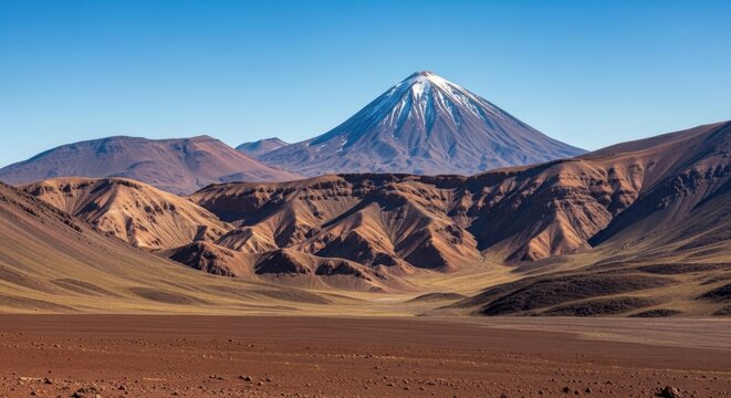Snow-capped Volcano Summit Overlooking Arid Desert Landscape Under a Clear Blue Sky