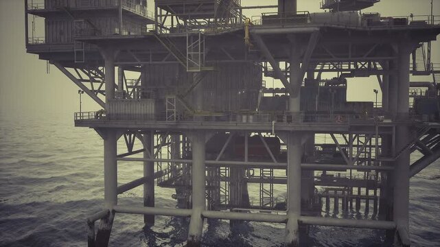 Symmetrical oil rig platform grid revealing repetitive beams and walkways, strong leading lines and architectural patterns create abstract industrial
