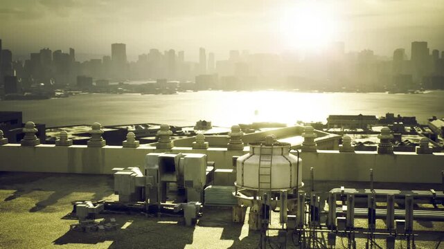 Sunrise horizon over rooftop vents and gravel, serene golden glow, calm waterfront reflection, softened distant towers, tranquil mood for lifestyle or travel