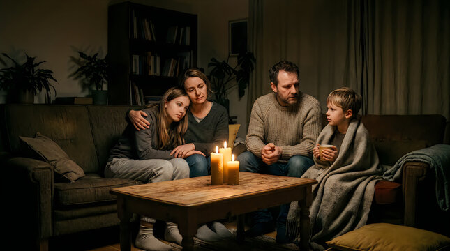 Family sitting in darkness by candlelight during power outage, feeling anxious and cold