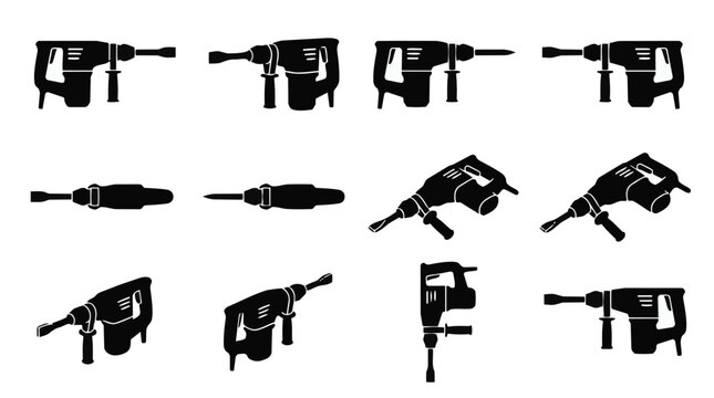 Set of black silhouettes of electric rotary hammer drills and jackhammers from different angles.