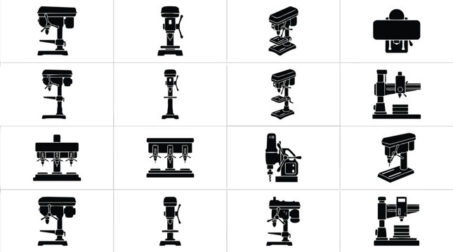 Collection of black silhouettes representing various industrial drill press machines.