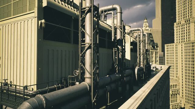 Rooftop mechanical plant with pipes and vents, Boston skyline backdrop, cloudy light, metallic textures, service catwalk and access points, industrial