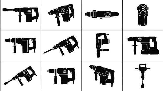 Set of Industrial Rotary Hammer Drill and Jackhammer Silhouettes for Construction Design.