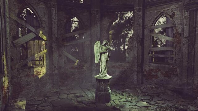 In a dimly lit chapel, a weathered angel statue stands alone, surrounded by crumbling walls and shattered windows. Sunlight filters through the gaps, creating a serene yet haunting atmosphere.