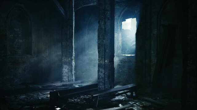 Sunlight filters through broken windows, casting enchanting beams in a decaying space. Shadows dance on the cracked walls while nature quietly reclaims the forgotten setting.