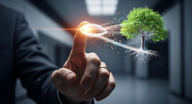 Investment growth potential. An investor's hand touches a holographic 'seed', which quickly grows into a robust 'tree', representing investment potential.