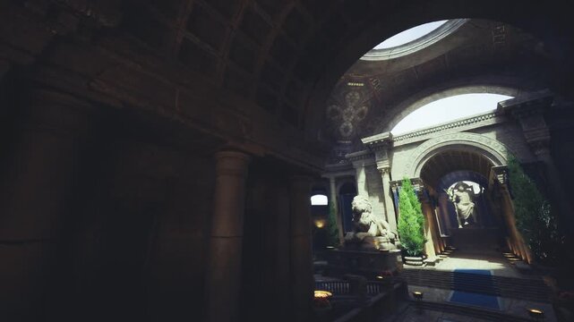 sunlit rotunda with open dome and circular colonnade, radiant midday light, manicured cypress, marble lion and patterned tiled floor evoking classical grace