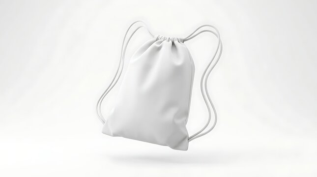 Isolated empty white drawstring backpack for branding mockup, textile bag for sports gear, fitness apparel display template