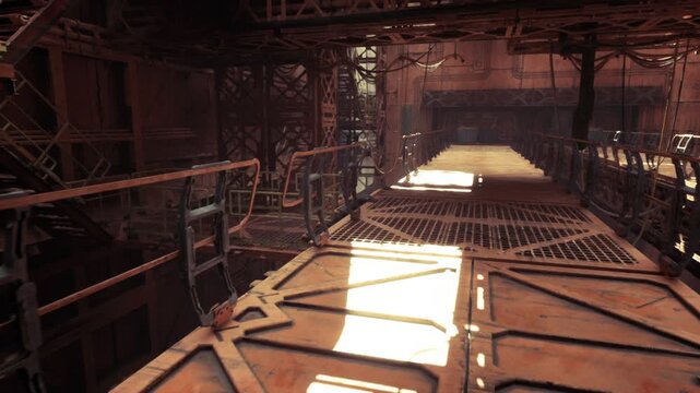industrial corridor bathed in warm light, service pipes and valves lining grated walkway, distant glow through portal, ambient shadow and mechanical detail