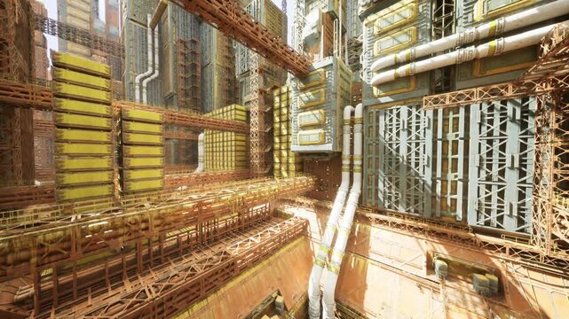 Warm industrial light study with glowing reflections on pipes and scaffolding, cinematic contrast emphasizing texture and structural rhythm.