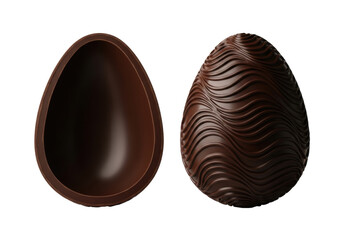 Fototapeta premium Precisely split dark chocolate Easter egg with a smooth interior and a ridged exterior, showcasing rich brown color against a transparent studio background with copy space. Luxurious Easter