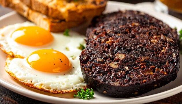 Irish Breakfast with Black Pudding and Eggs Close-Up