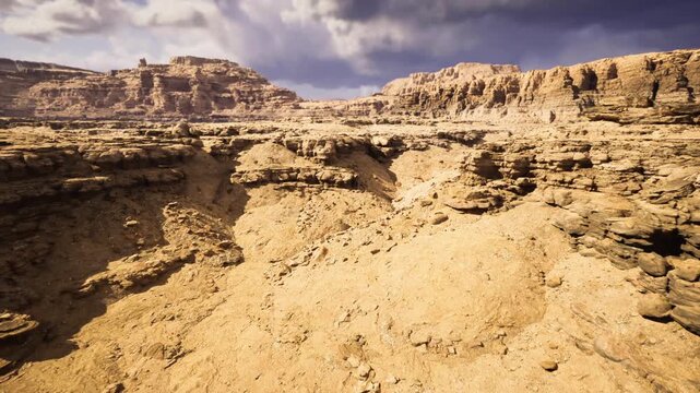 cinematic rocky bowl under moody sky with textured sandstone walls and dramatic shadows, high contrast color grading for editorial, film and travel storytelling