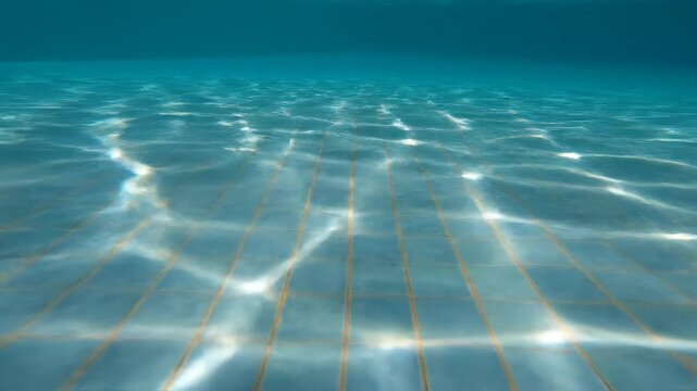 View from underwater in a clear swimming pool. Light rays reflect and refract on the blue tiled bottom. Liquid surface ripples creating a calm meditative scene.