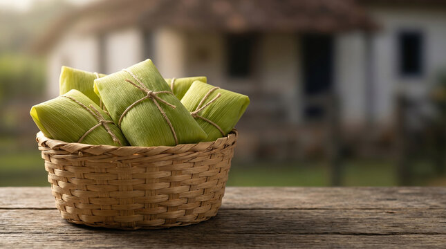 Pamonhas - Woven Basket Filled with Traditional Wrapped Brazilian Pamonhas with Copy Space