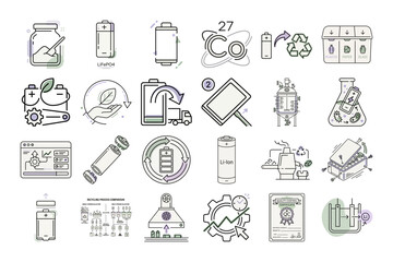 Fototapeta premium EV Battery Recycling Process in Flat Style or Battery Recycling Vector Icons Set