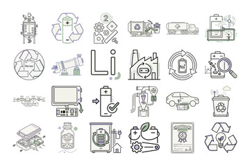 Fototapeta premium EV Battery Recycling Process in Flat Style or Modern Battery Recycling Icons