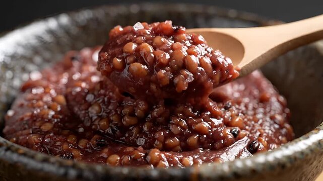 Closeup of Red Bean Paste with Wooden Spoon in Bowl.