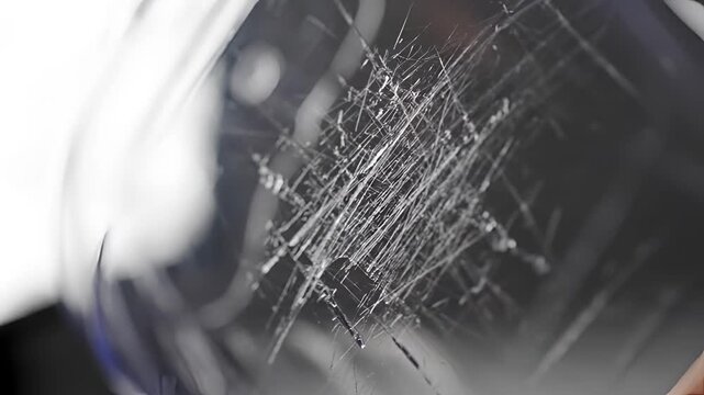 Closeup of scratched glass surface with abstract patterns and light reflections.