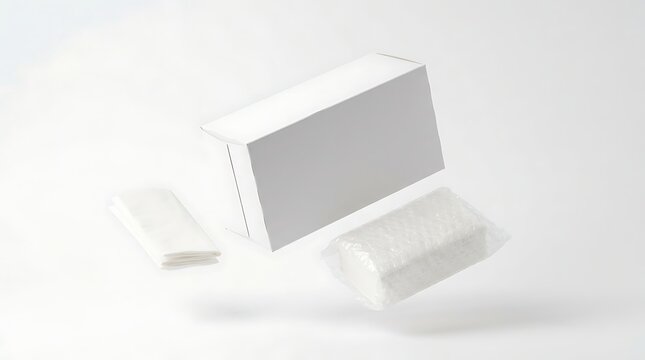 Blank white tissue box mockup with folded paper napkins and wrapped soft refill pack for personal hygiene branding