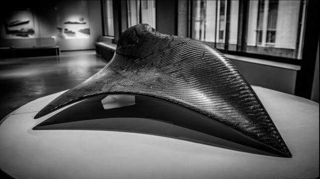 Advanced carbon fiber composite wing section showcasing intricate texture and innovative design in a modern setting
