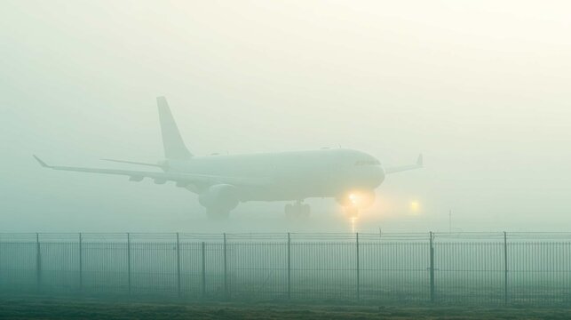 An airplane is parked on a foggy airfield, its form barely visible through the mist and illuminated by its landing lights.