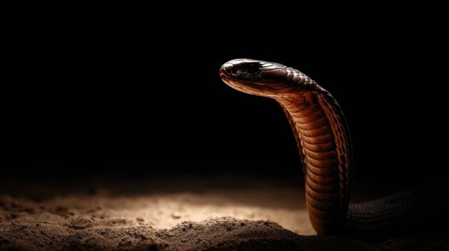 Fierce Cobra With Hood Flared Poised to Strike on Dark Ground