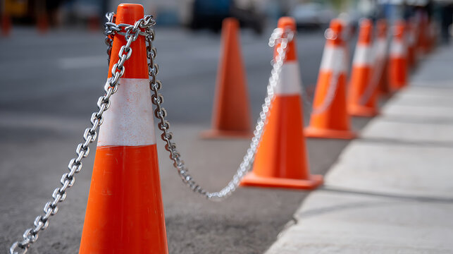 Row of bright orange traffic cones connected by metal chains, restricting access on an outdoor city street, focus on safety and boundaries