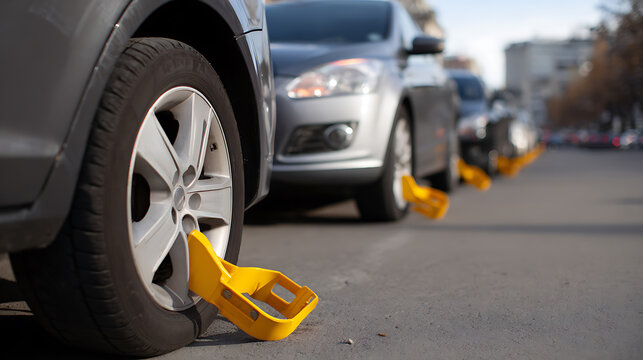 Row of Parked Cars with Bright Yellow Wheel Clamps Applied, Indicating Parking Violations or Security Measures in an Urban Environment