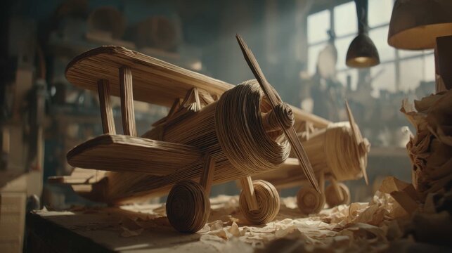 Exquisite Miniature Balsa Wood Airplane Model, Handcrafted With Intricate Detail in a Workshop Setting