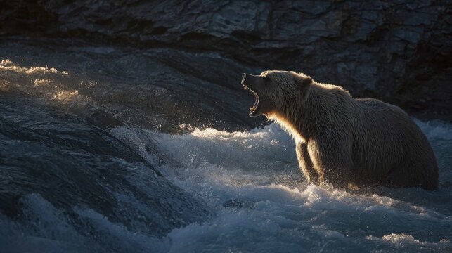 Fierce grizzly bear fishing for salmon in a rushing river with mouth agape
