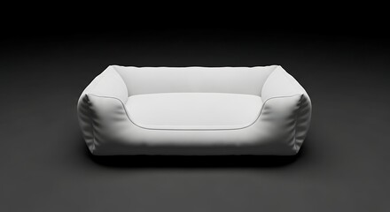 Fototapeta premium Clean empty white pet bed with soft cushion for dogs and cats comfortable resting furniture isolated on dark background