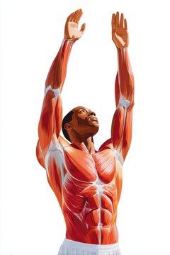Anatomy study of a human torso and upper limbs showing detailed muscle structure and posture