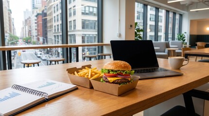 Fototapeta premium Lunch break at office with burger and fries, copy space
