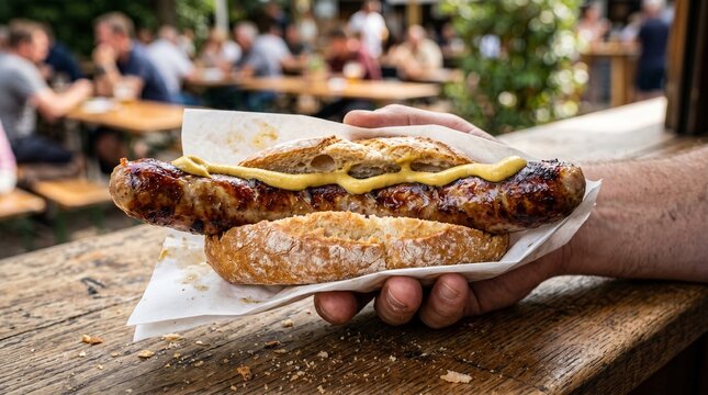 Authentic German Grilled Bratwurst Sausage with Mustard in a Roll