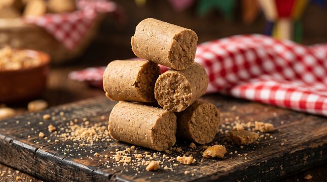 Traditional Brazilian Pacoca Peanut Candy Roll on Distressed Wood